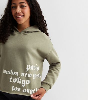 Girls Khaki City Logo Crop Hoodie New Look