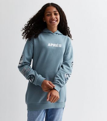 Girls Blue Apres Ski Logo Long Hoodie New Look