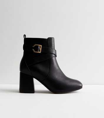 Extra Wide Fit Black Leather-Look Buckle Block Heel Boots
