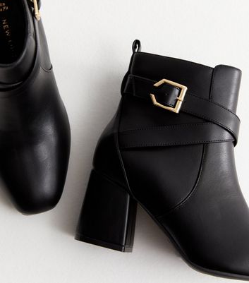 extra wide fit black leather look buckle block heel boots