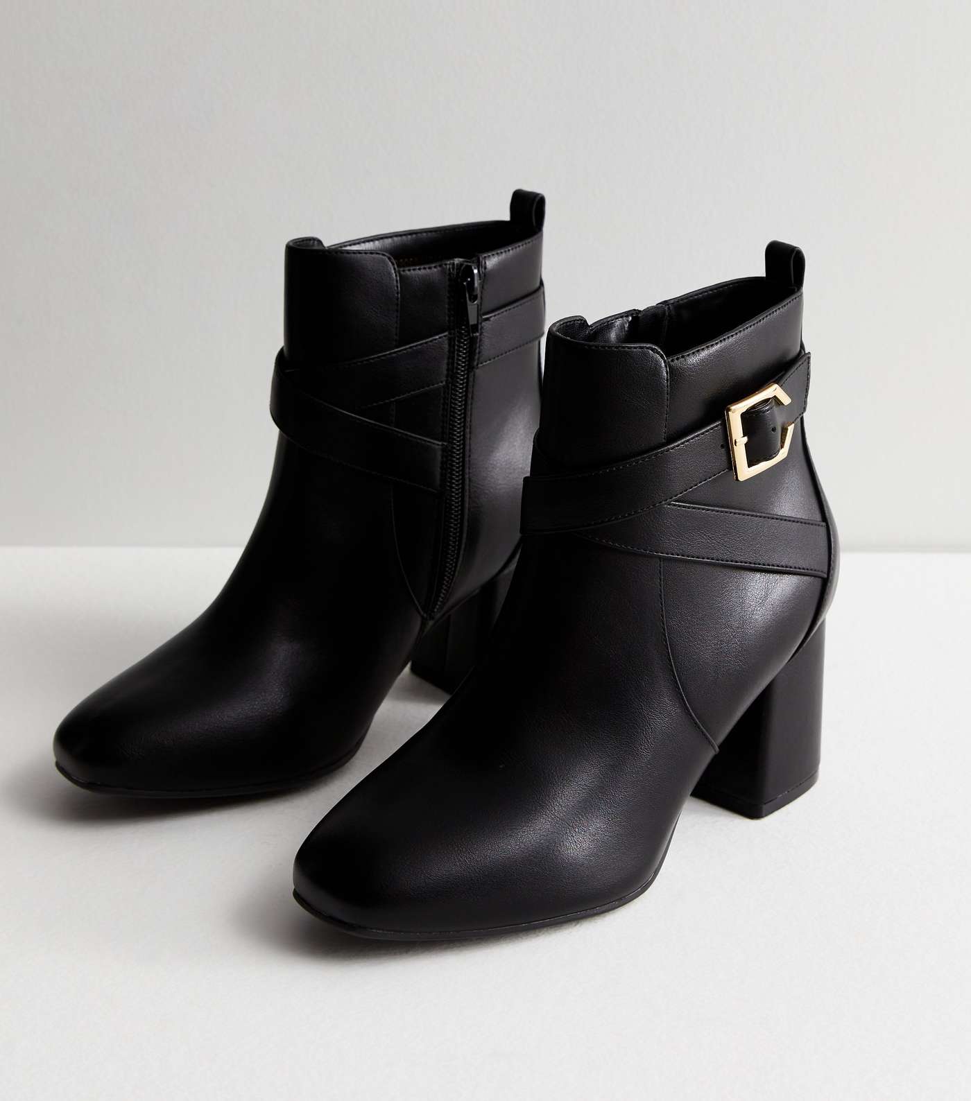 Extra Wide Fit Black Leather-Look Buckle Block Heel Boots Image 5