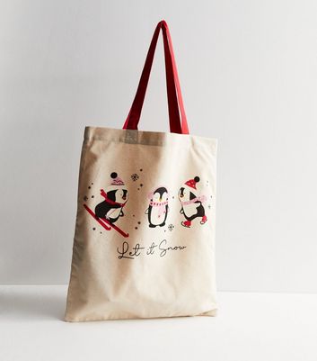 Cream Penguin Let It Snow Canvas Tote Bag New Look