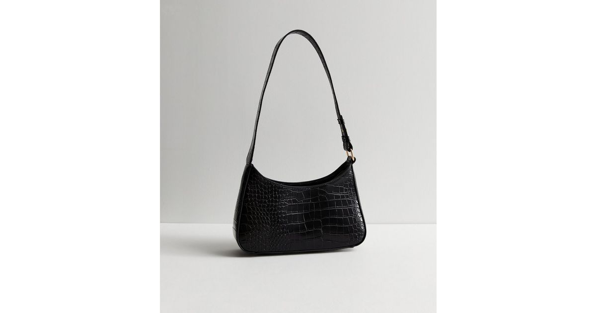 Black Faux Croc Shoulder Bag New Look