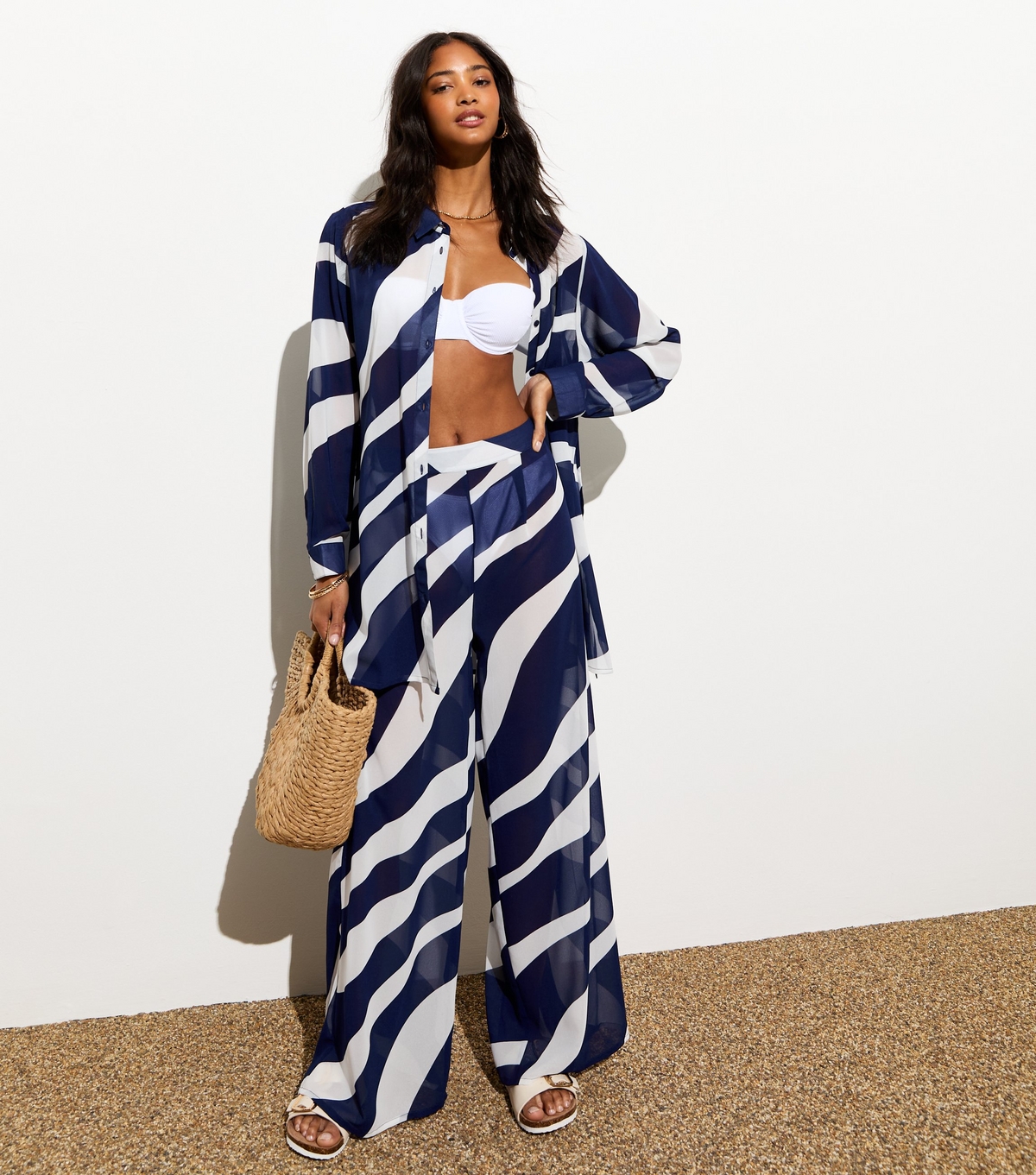 Women's Blue Zebra-Print Wide Leg Beach Trousers New Look