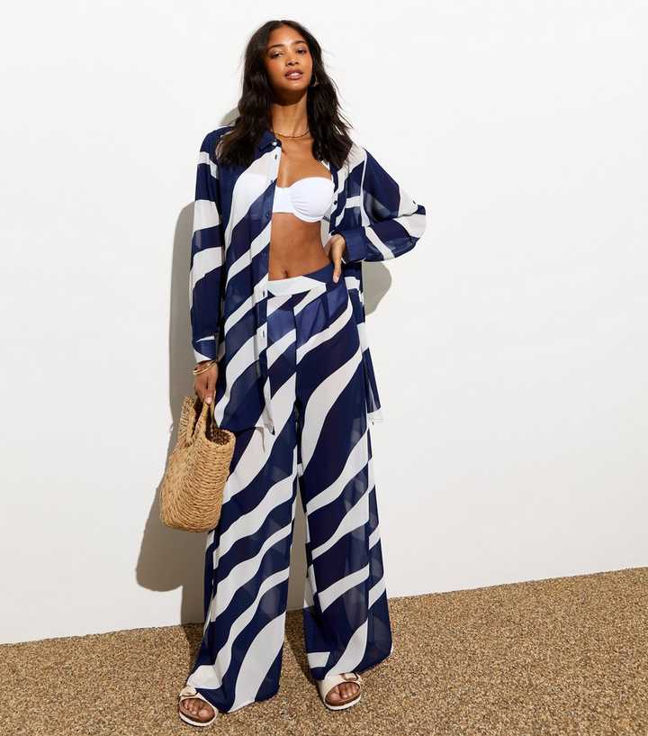 Blue Zebra-Print Wide Leg Beach Trousers