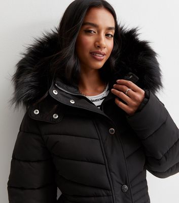 Petite Black Faux Fur Hood Puffer Jacket