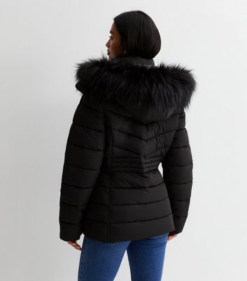 Petite Black Faux Fur Hood Puffer Jacket New Look