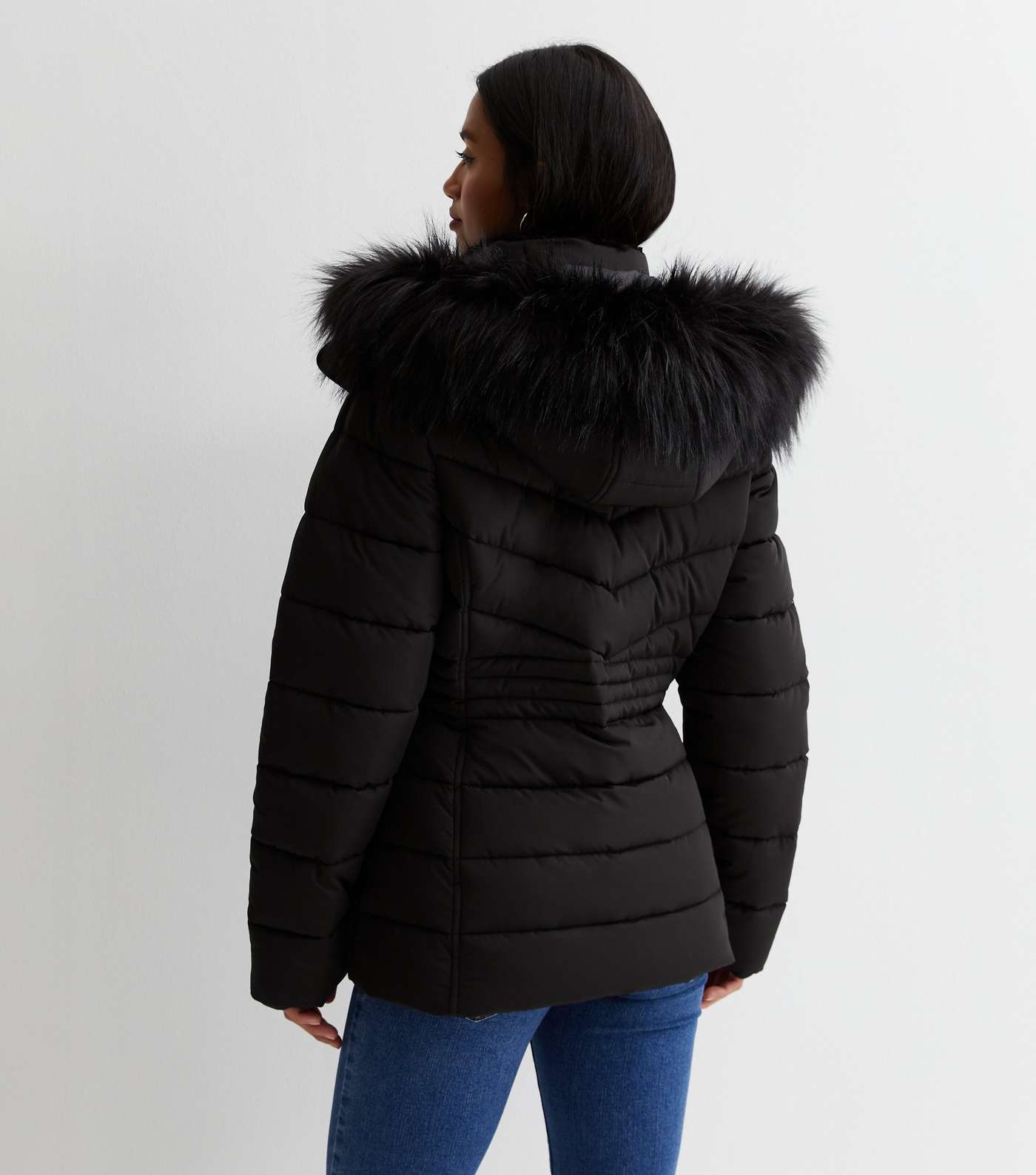 Petite Black Faux Fur Hood Puffer Jacket Image 4