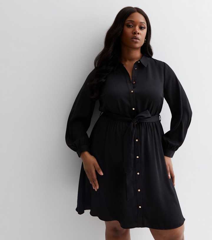 Curves Black Belted Mini Shirt Dress