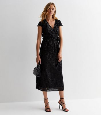 Gini London Black Sequin Belted Wrap Midi Dress New Look
