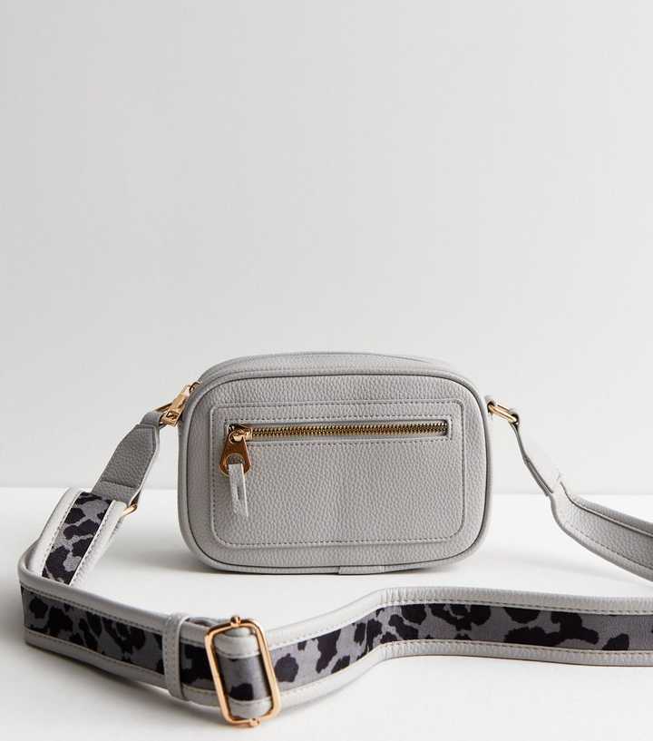Grey Leather-Look Leopard Strap Cross Body Bag