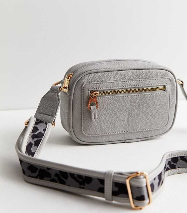 Grey Leather-Look Leopard Strap Cross Body Bag