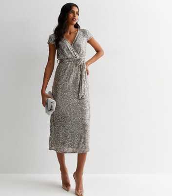 Gini London Pewter Sequin Belted Midi Wrap Dress