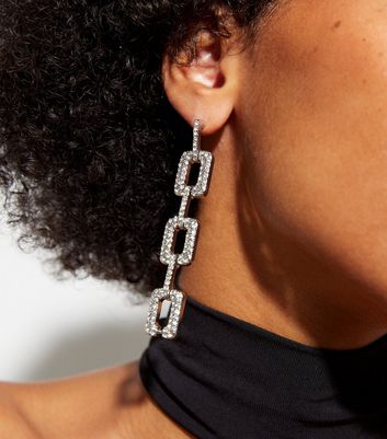 Crystal Rectangle Diamante Chain Drop Earrings New Look