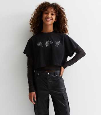 Girls Black Cotton Long Sleeve Boxy 2 in 1 Top