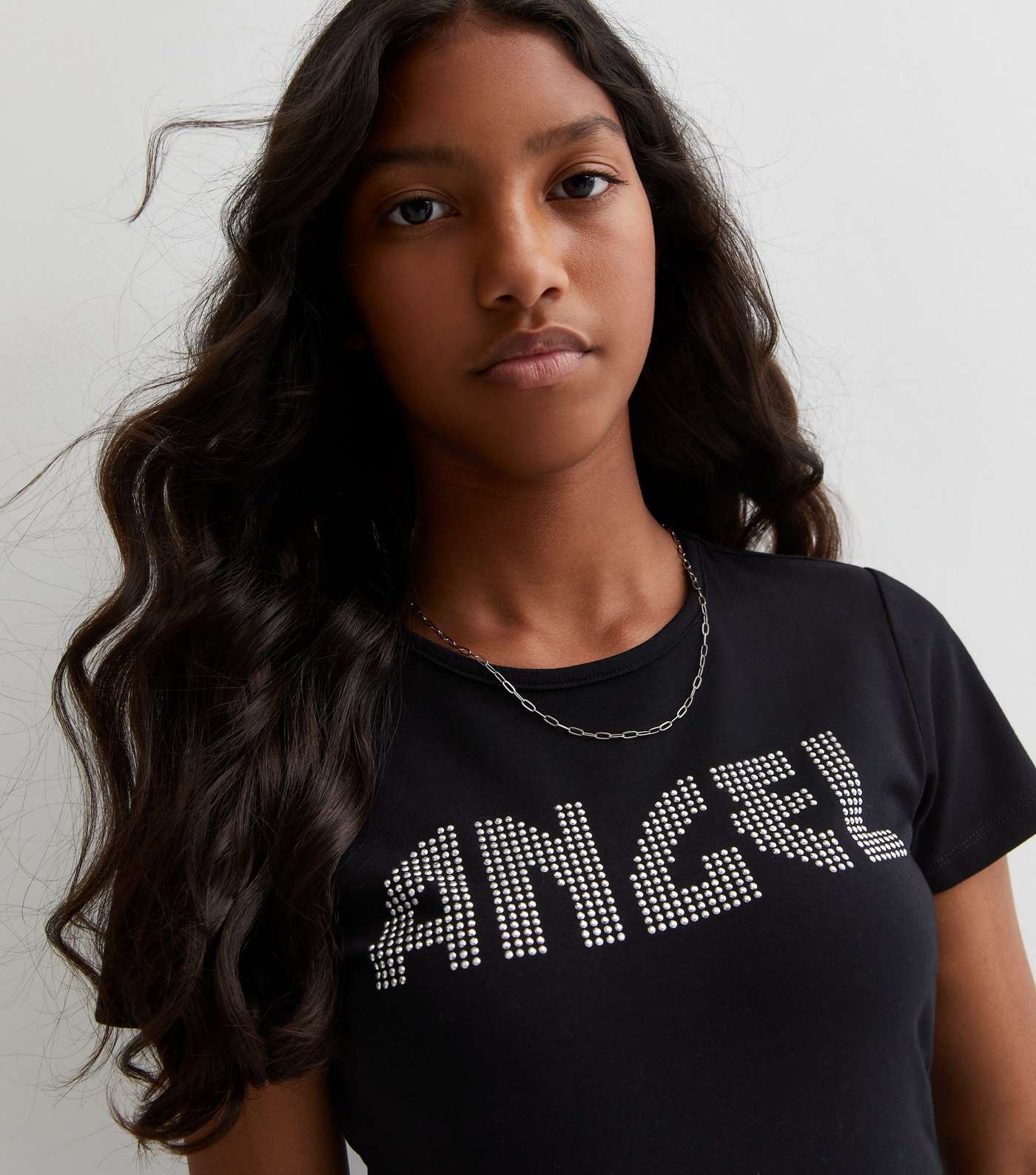 Girls Black Diamanté Angel Logo T-Shirt Image 2