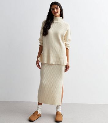 Off White Ribbed Knit High Neck Jumper | New Look