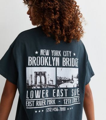 Girls Dark Grey Cotton Brooklyn Logo Long Oversized T-Shirt New Look