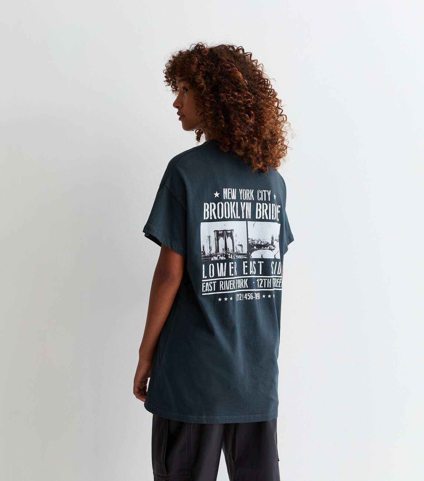Girls Dark Grey Cotton Brooklyn Logo Long Oversized T-Shirt Image 5
