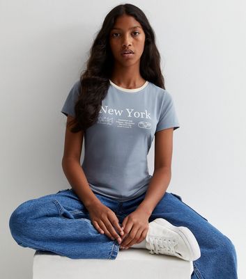 Girls Blue New York Logo Ringer T-Shirt New Look