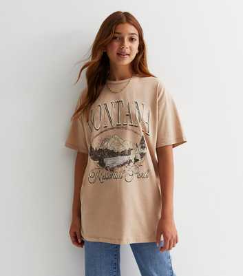 Girls Camel Cotton Montana Oversized Long Logo T-Shirt