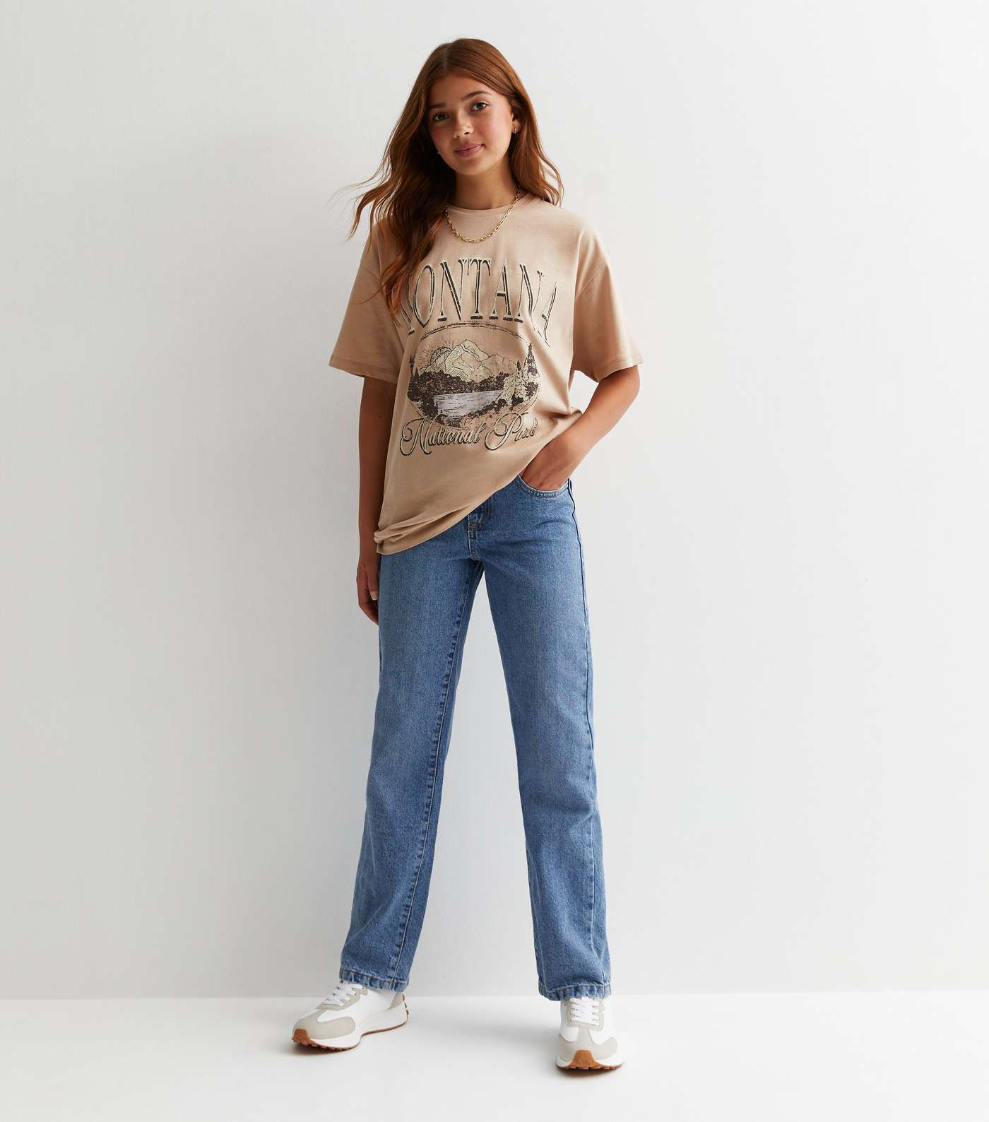 Girls Camel Cotton Montana Oversized Long Logo T-Shirt Image 3