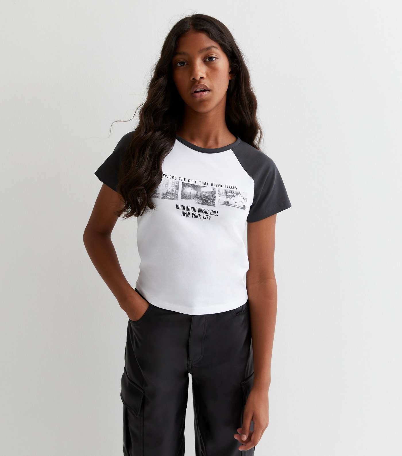 Girls Dark Grey NYC Graphic Raglan T-Shirt Image 2