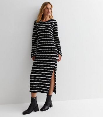 Black Stripe Long Sleeve Split Hem Midaxi Dress New Look