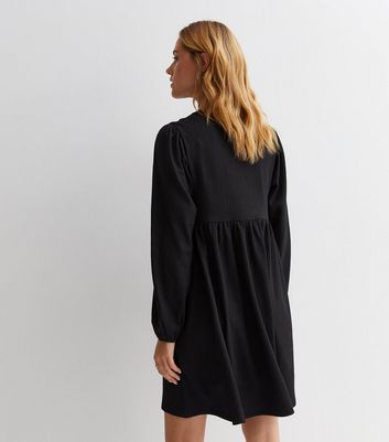 Black Textured Jersey Long Sleeve Mini Smock Dress | New Look