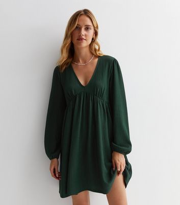 Dark Green Textured Jersey Long Sleeve Mini Smock Dress New Look