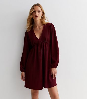 Burgundy Textured Jersey Long Sleeve Mini Smock Dress New Look