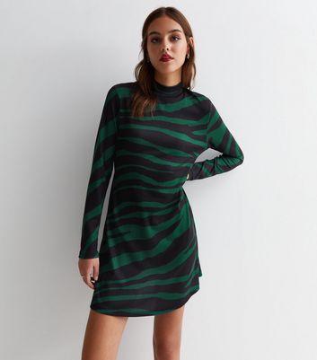 Green Zebra Print High Neck Mini Dress New Look