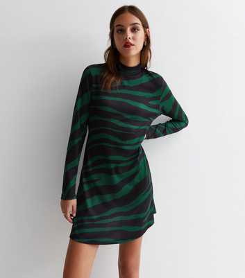 Green Zebra Print High Neck Mini Dress