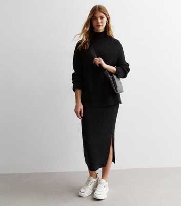 Black Ribbed Knit Midi Skirt