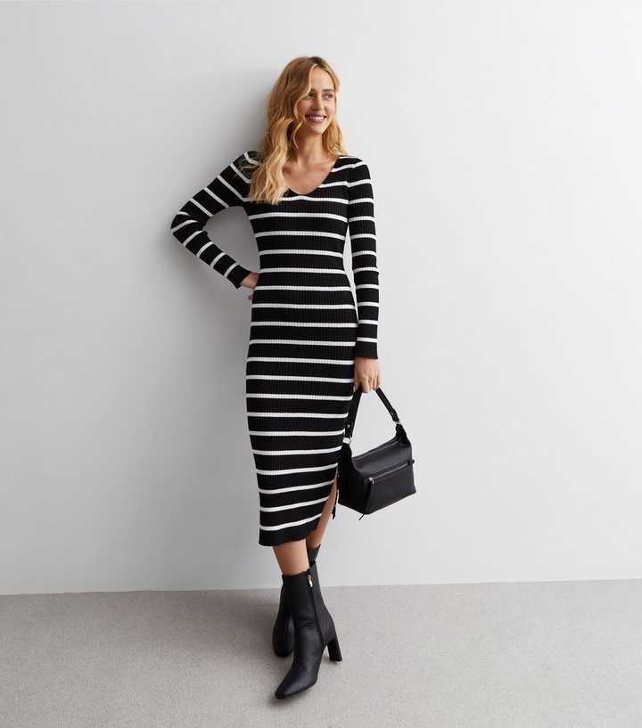 | Black Knit Dress V New Stripe Look Neck Midi