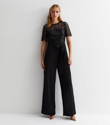 Gini London Black Floral Lace Sequin Wide Leg Jumpsuit New Look