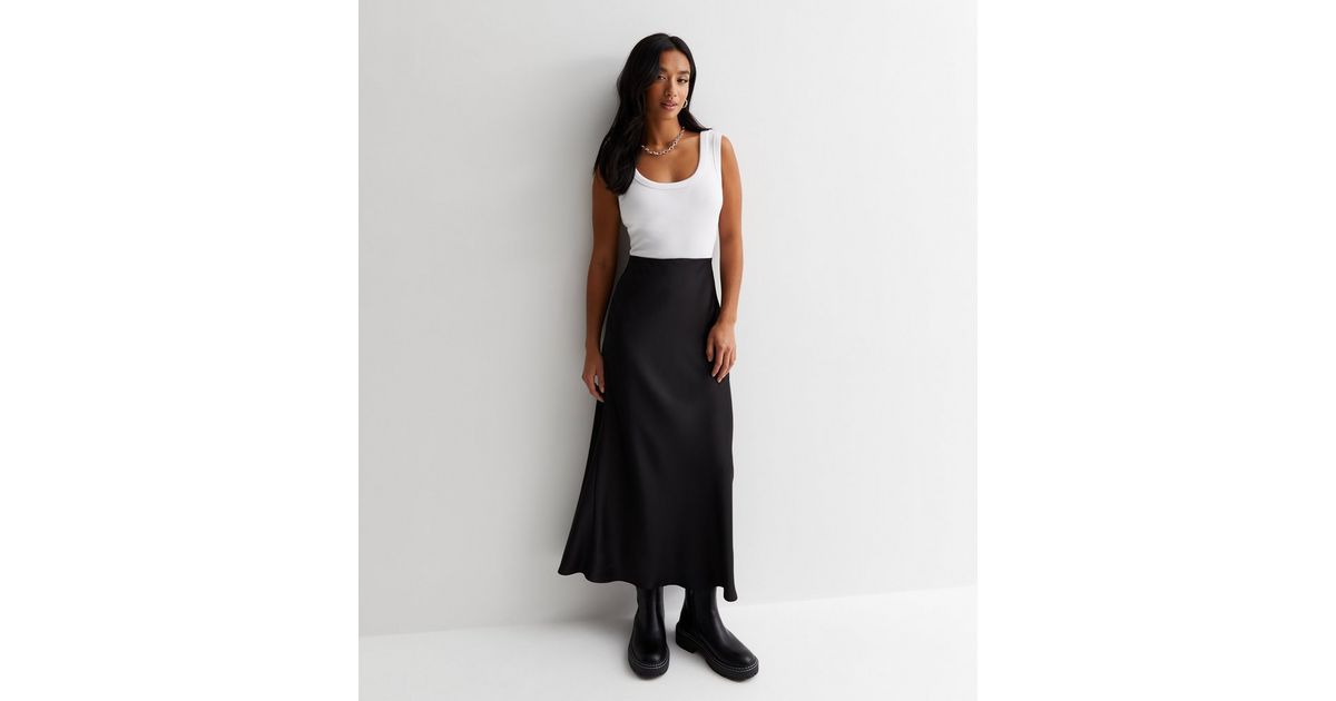 Petite Black Satin Bias Cut Midi Skirt | New Look
