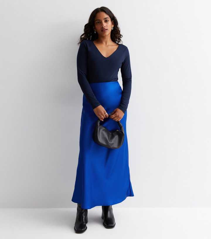 Petite Bright Blue Satin Bias Cut Midi Skirt