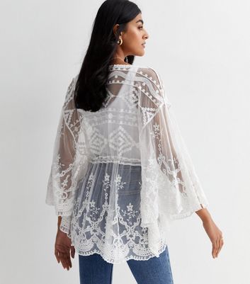 Gini London White Lace Embroidered Tie Front Top New Look
