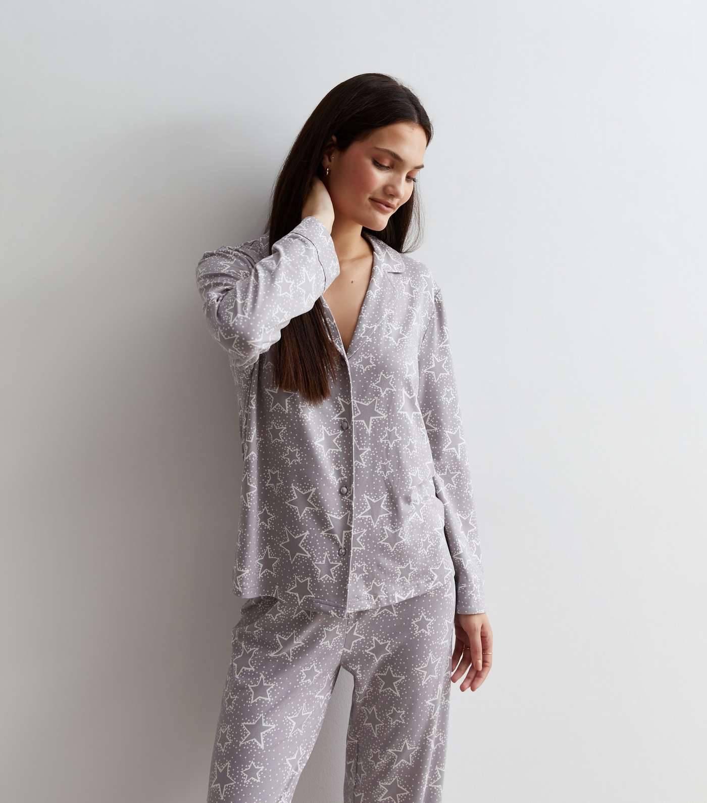 Light Grey Revere Trouser Pyjama Set with Star Print Image 3