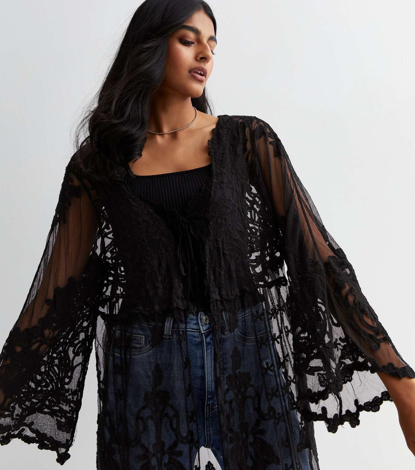 Gini London Black Cotton Embroidered Crochet Knit Cardigan Image 3