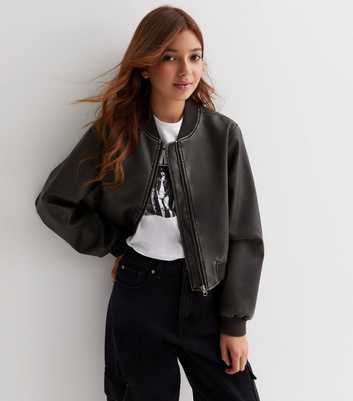 Girls Dark Grey Leather-Look Bomber Jacket