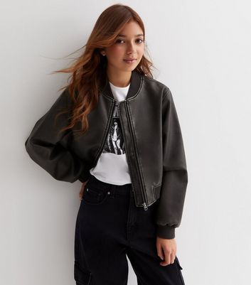 Girls Dark Grey Leather Look Bomber Jacket New Look