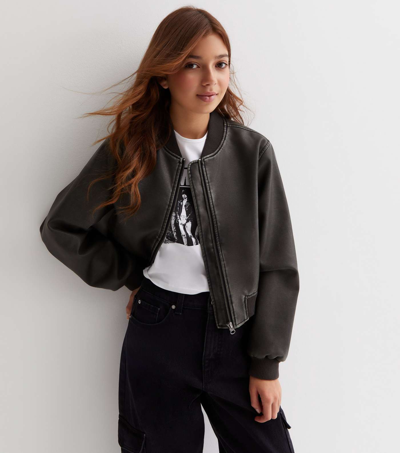 Girls Dark Grey Leather-Look Bomber Jacket