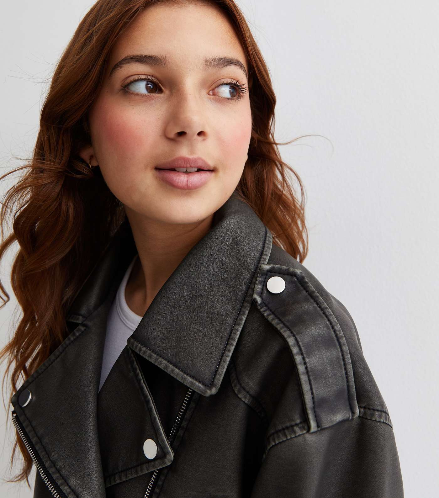 Girls Dark Grey Washed Leather-Look Jacket Image 2