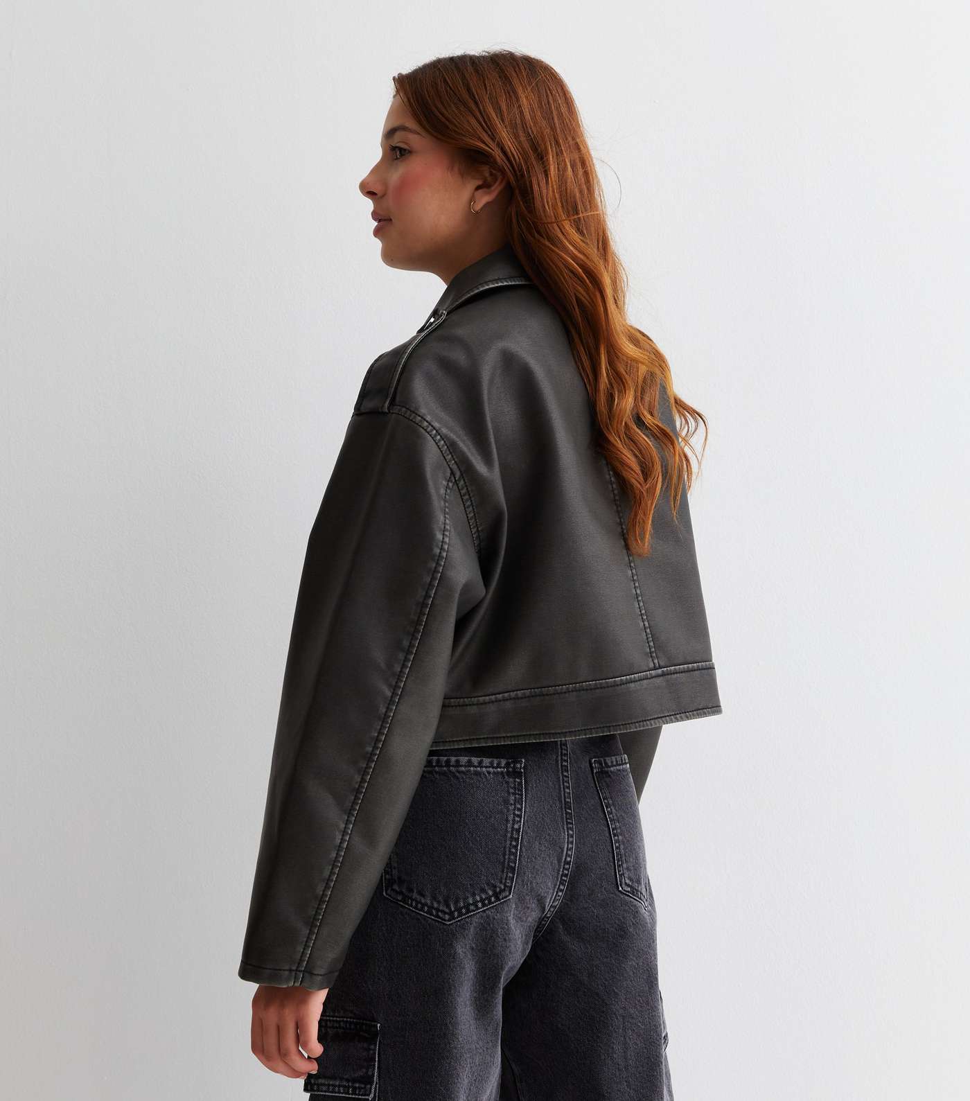 Girls Dark Grey Washed Leather-Look Jacket Image 4