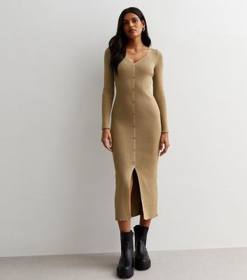 Camel Ribbed Knit Button Front Midaxi Dress New Look