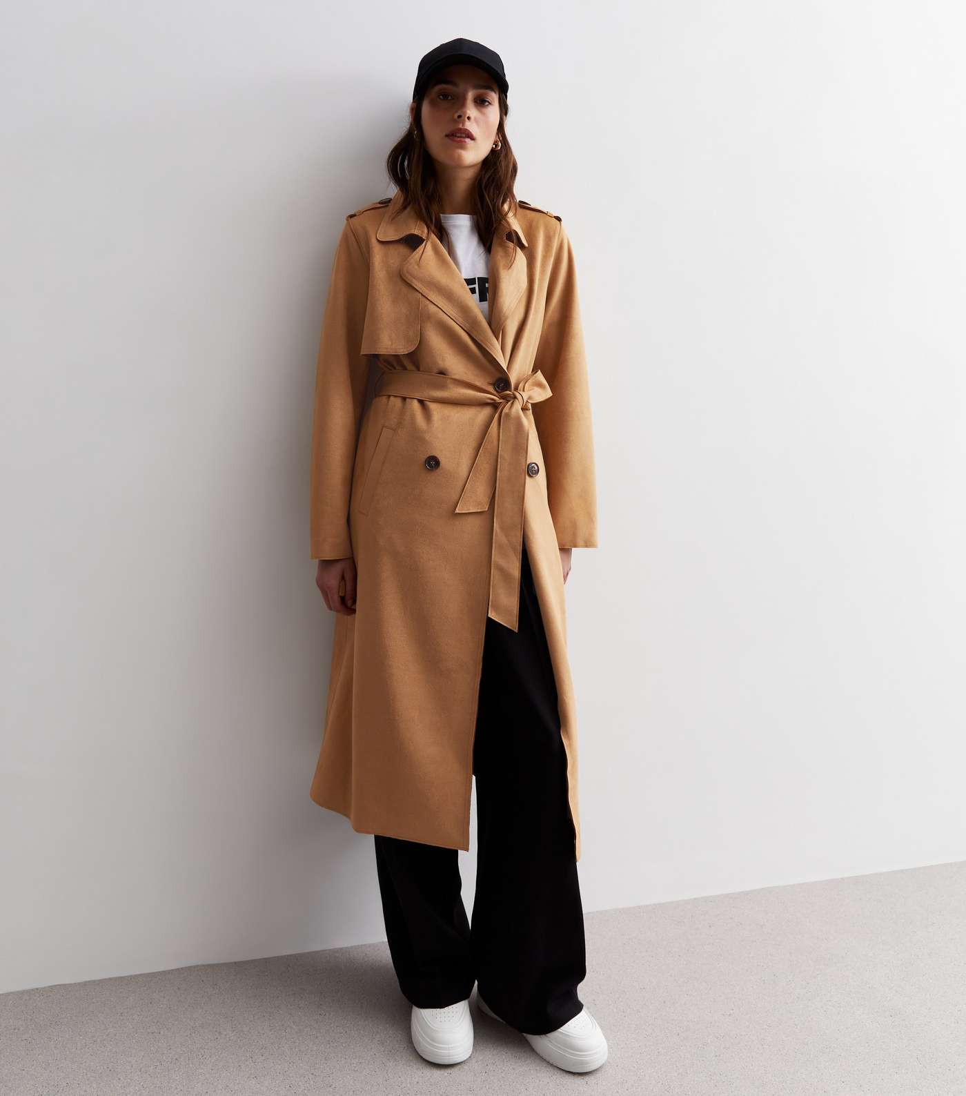 Light Brown Suedette Belted Trench Coat Image 2