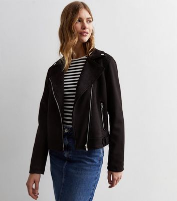 Black Suedette Biker Jacket New Look