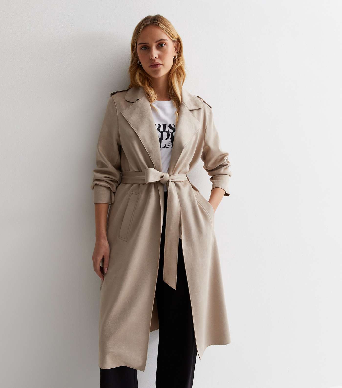 Stone Suedette Belted Duster Coat Image 2